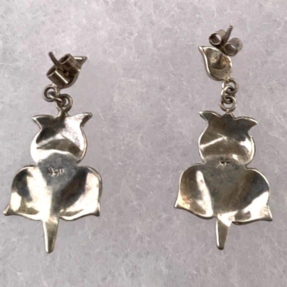 Vintage 950 Sterling Silver Dangle/Drop Flower Earrings w/ Turquoise - Picture 2 of 2